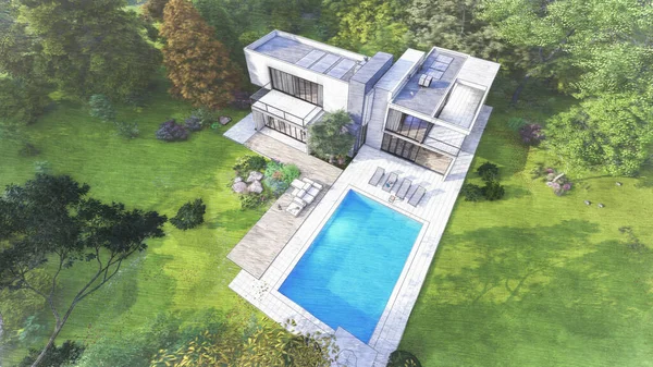 Representación Una Gran Villa Contemporánea Con Impresionante Jardín Piscina Vista — Foto de Stock