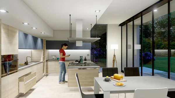 Renderização Interior Cozinha Com Boneco Modelo Uma Villa Moderna — Fotografia de Stock