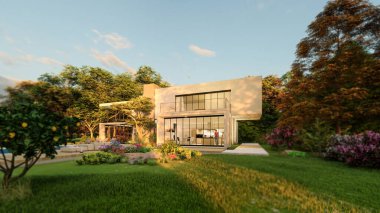 Gün batımında etkileyici bahçesi ve havuzu olan büyük ve çağdaş bir villanın 3 boyutlu görüntüsü.