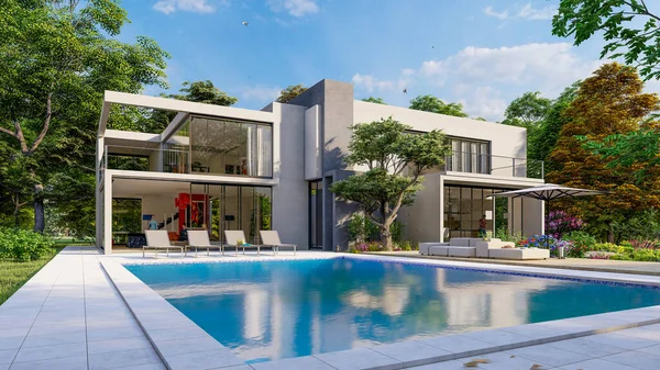 Weergave Van Een Grote Moderne Villa Met Indrukwekkende Tuin Zwembad — Stockfoto