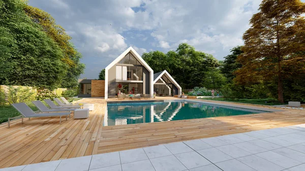 3D rendering of a modern  pitched roof villa with impressive garden and pool