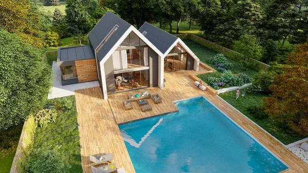 3D rendering of a modern  pitched roof villa with impressive garden and pool, aerial view