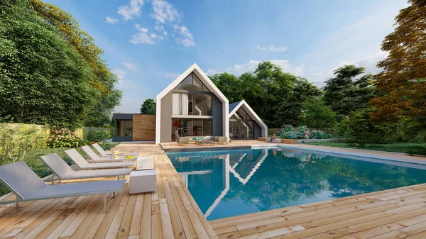 3D rendering of a modern  pitched roof villa with impressive garden and pool