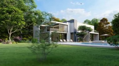 Havuzu ve bahçesi olan büyük, modern bir evi olan 3 boyutlu bir animasyon.