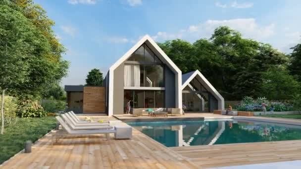 3D animace s moderním střešním domem s bazénem a zahradou