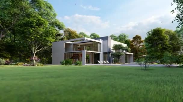 Animation Big Modern House Pool Garden — Stock Video