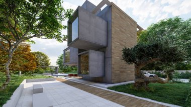 Havuzu ve bahçesi olan bir kübik evin arka bahçesinin 3 boyutlu canlandırması