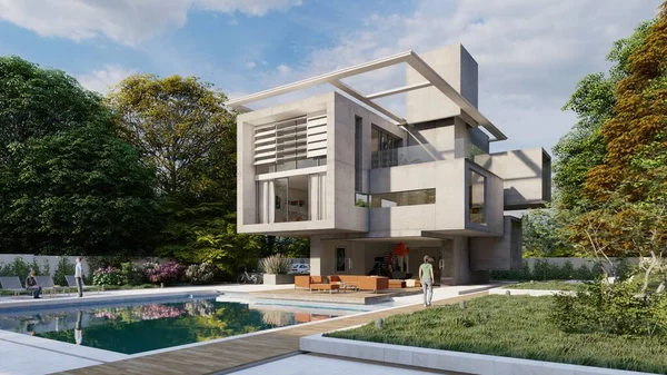 Rendering Una Moderna Casa Lusso Con Area Salotto Bordo Piscina — Foto Stock