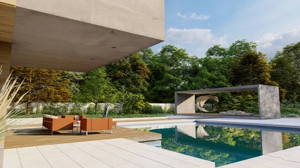 Rendering Eines Modernen Luxuriösen Hauses Mit Lounge Bereich Pool — Stockfoto