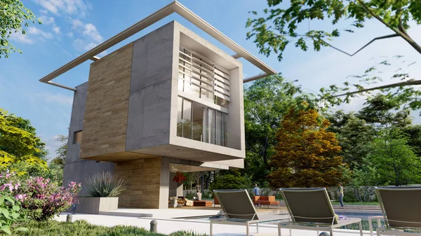 Rendering Eines Modernen Luxuriösen Hauses Mit Lounge Bereich Pool — Stockfoto