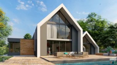 Havuzu ve bahçesi olan modern bir çatı katlı 3D animasyon.