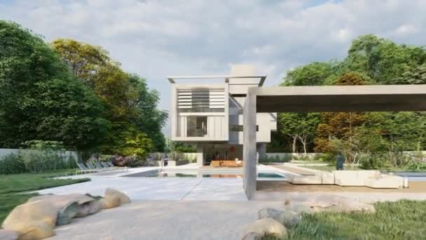3D-Animation mit einem würfelförmigen modernen Haus mit Garten und Lounge-Bereich am Pool