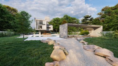 Havuz kenarında dinlenme odası olan modern lüks bir evin 3 boyutlu görüntüsü.