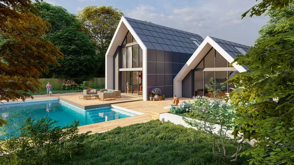 3D rendering of a modern  pitched roof villa with impressive garden and pool