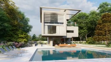 3 boyutlu animasyon. Bahçesi ve havuz kenarında dinlenme odası olan kübik modern bir ev.