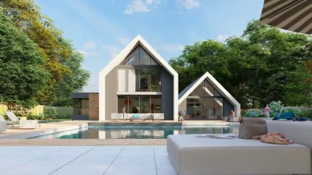 3D-Animation mit modernem Satteldachhaus mit Pool und Garten