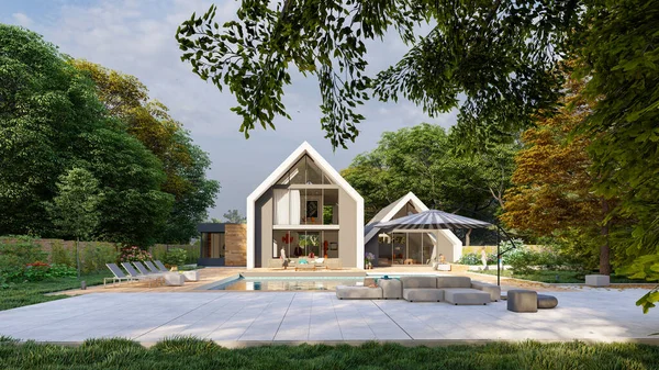 Rendering Una Moderna Villa Sul Tetto Falde Con Giardino Piscina — Foto Stock