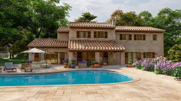 プールと庭付きの地中海スタイルのヴィラの3Dレンダリング — ストック写真