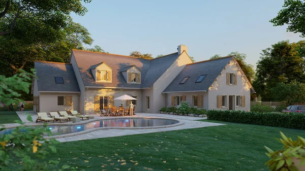 Rendering Una Classica Casa Con Tetto Ardesia Con Piscina Giardino — Foto Stock