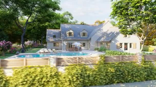 Animation Une Maison Traditionnelle Ardoise Avec Piscine Jardin — Video