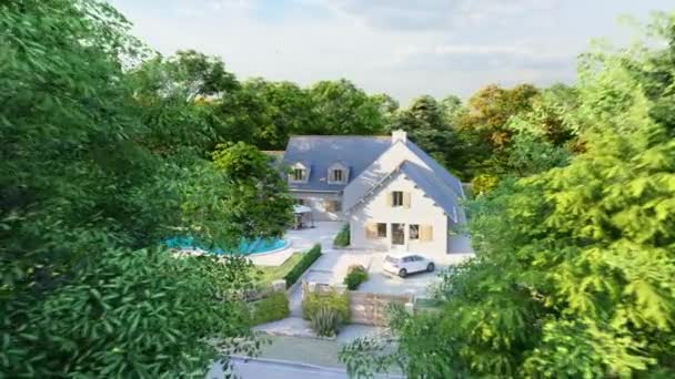 Animation Une Maison Traditionnelle Ardoise Avec Piscine Jardin — Video