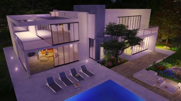 プールと庭園が近くにある大きな現代的な家を持つ3Dアニメーション — ストック動画