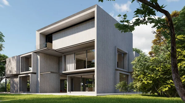 大きな近代的なコンクリートの家の3Dレンダリング — ストック写真