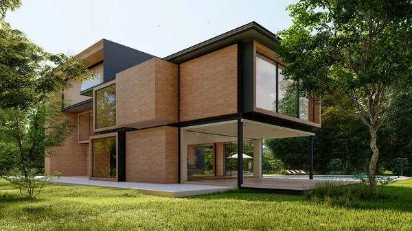 Rendering Van Een Groot Modern Huis Hout Beton — Stockfoto