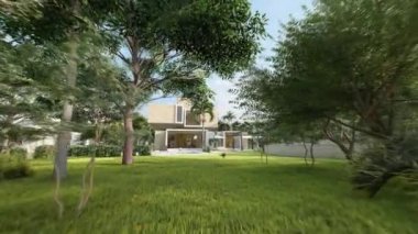 Havuzu ve büyük güzel bahçesi olan büyük çağdaş bir evin üç boyutlu animasyonu. 