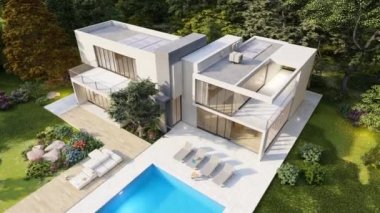 Havuzu ve büyük bahçesi olan güzel, modern bir villanın 3 boyutlu animasyonu.