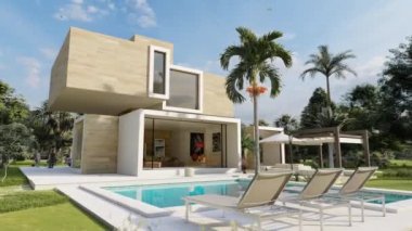 Havuzu ve büyük güzel bahçesi olan büyük çağdaş bir evin üç boyutlu animasyonu. 