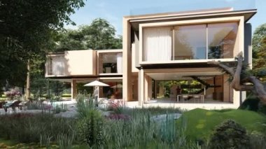 Havuzu ve bahçesi olan büyük ahşap bir malikanenin 3 boyutlu animasyonu