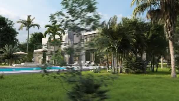 Animation Einer Schönen Modernen Villa Mit Pool Einem Tropischen Garten — Stockvideo