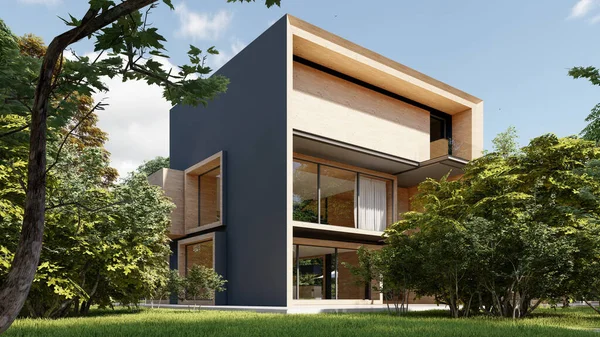 Rendering Van Een Groot Modern Huis Hout Beton — Stockfoto