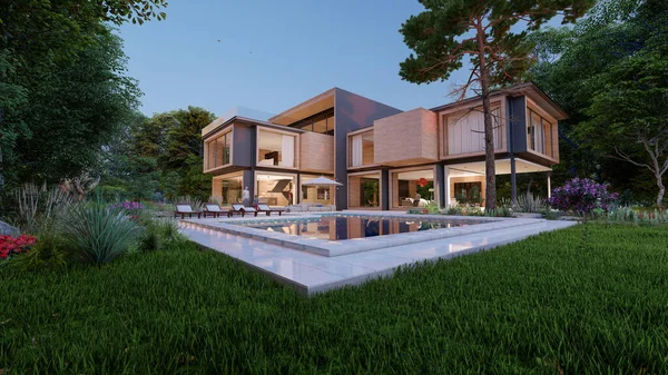 木材やコンクリートの大規模な近代的な現代の家の3Dレンダリング — ストック写真