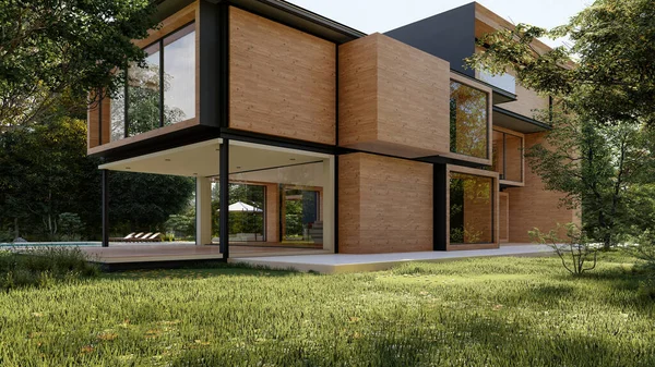 Rendering Una Grande Casa Moderna Contemporanea Legno Cemento — Foto Stock