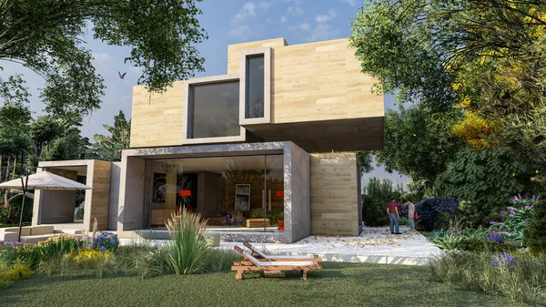 Representación Una Casa Cúbica Moderna Madera Hormigón Con Piscina Jardín —  Fotos de Stock