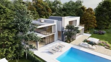 Havuzu ve büyük bahçesi olan güzel, modern bir villanın 3 boyutlu animasyonu.