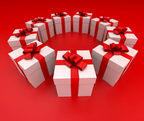 Красно-белые подарочные коробки круга боковой — стоковое фото
