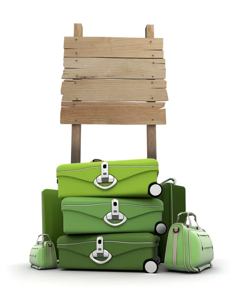 Baggage by wooden sign — Stock Photo, Image