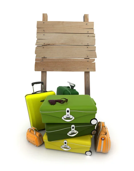 Багаж и деревянный знак — стоковое фото