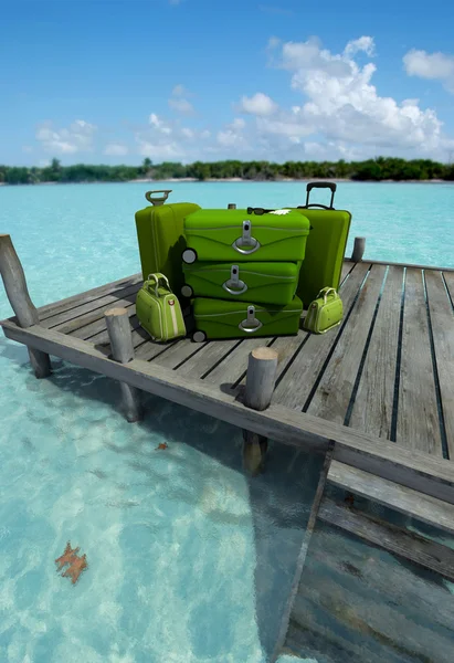 Green luggage at the pier Royalty Free Stock Photos