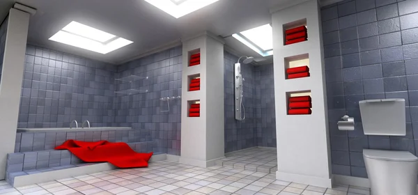 Salle de bain grise avec serviettes rouges — Photo