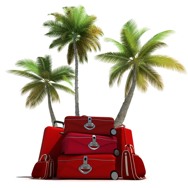 Tropical trip and red luggage — Stock Photo, Image