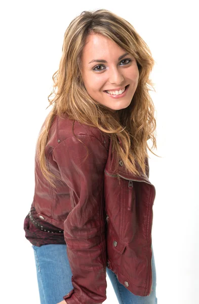 Smiling girl in leather jacket — Stock Photo, Image