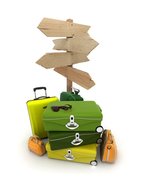 Baggage and wooden sign — Stock Photo, Image