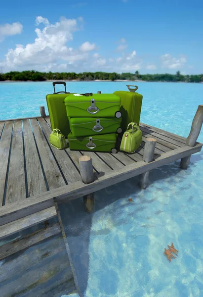Green luggage at the pier Royalty Free Stock Images