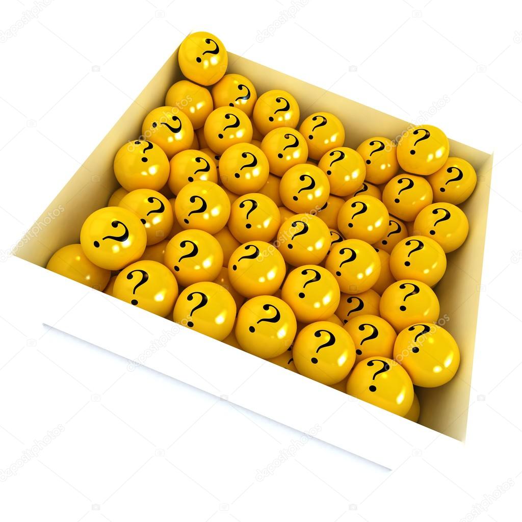 White box with yellow spheres with question marks