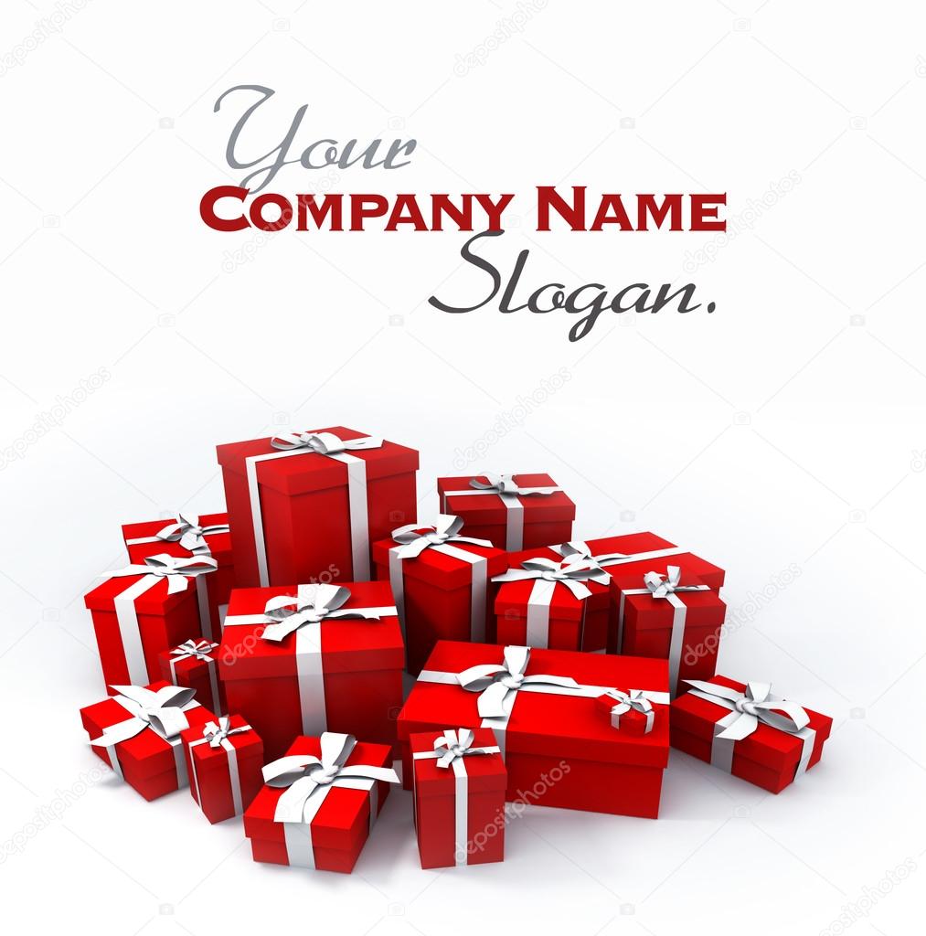 Pile of red gift boxes with white ribbon