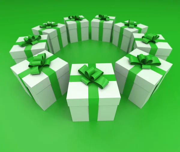 Yeşil ve beyaz hediye kutuları daire lateral — Stok fotoğraf